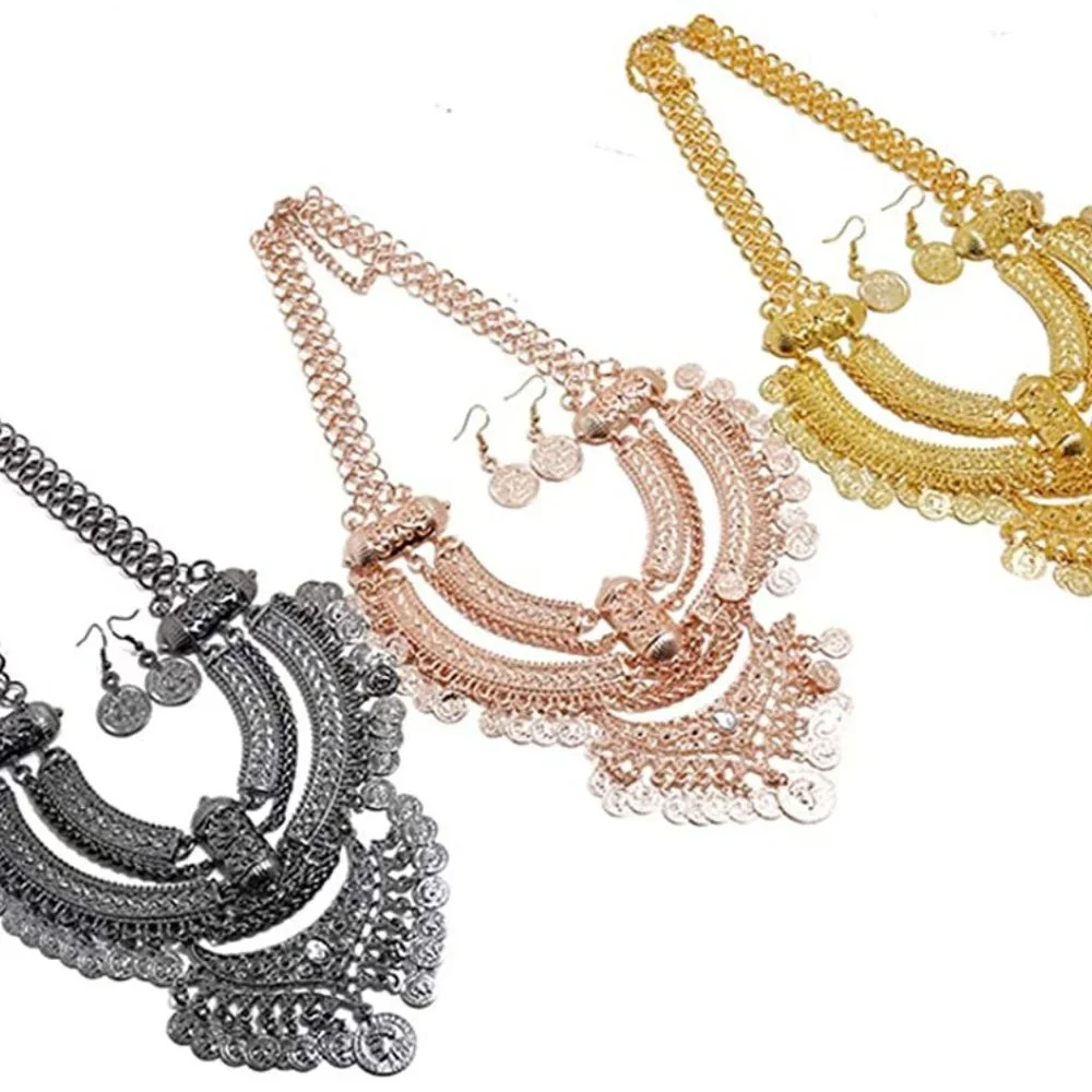 [GOLD] Exotic Bib Coin Necklace+Earring Set - Picture 5 of 7